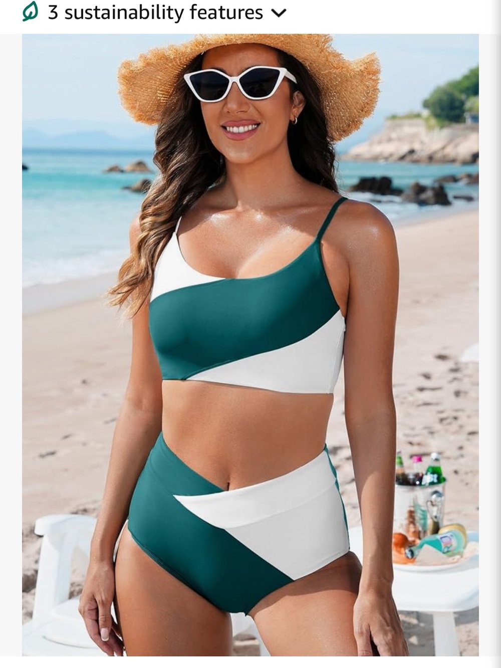 Teal and White Asymmetric High-Waist Bikini Set - Picture 2 of 4